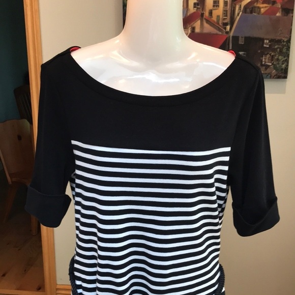 LRL NEW Black and White Striped Belted Cotton Mini Dress Size M Petite - Picture 2 of 15